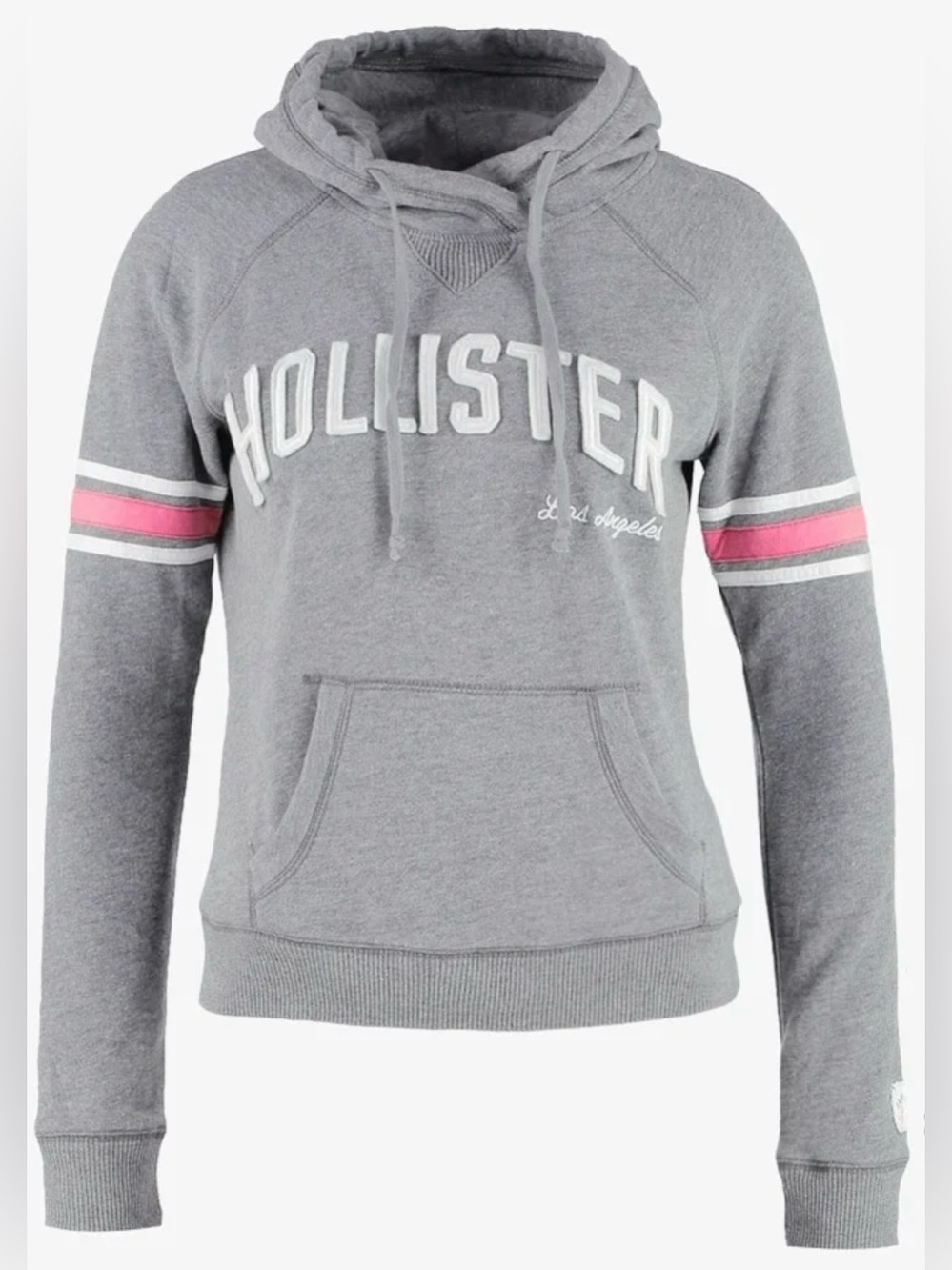 Hollister Gray Hoodie with Pink Stripe Sleeve Detail